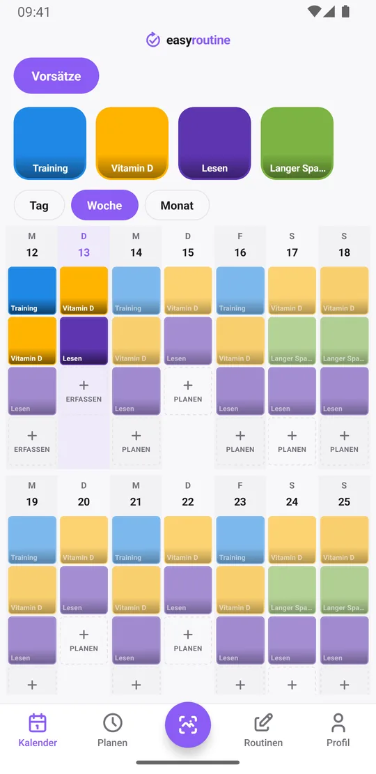 EasyRoutine Wochenansicht der Routine Vorsätze mit farbigen Kacheln für Training, Vitamin D, Lesen und Spaziergänge sowie blassen Einträgen für Geplantes