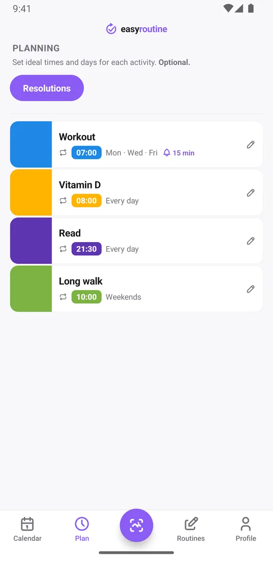 EasyRoutine Plan tab for a Resolutions routine: workout on Monday, Wednesday and Friday with a reminder bell 15 minutes before, vitamin D and reading every day, a long walk on weekends