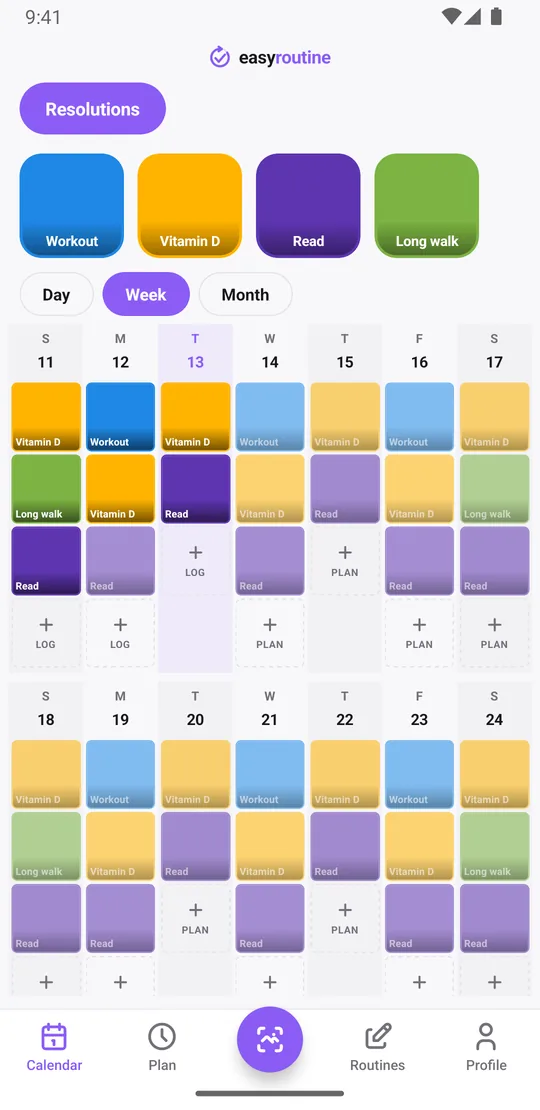 EasyRoutine week view of the Resolutions routine with colored tiles for workouts, vitamin D, reading and walks, and faded entries for planned ones