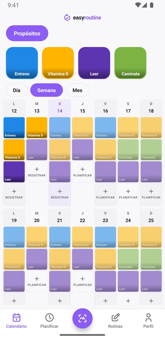 Vista semanal de EasyRoutine de la rutina Propósitos con mosaicos de colores para entreno, vitamina D, lectura y caminatas, y entradas atenuadas para lo planificado