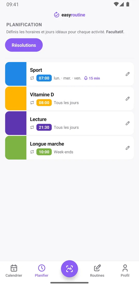 Onglet Planifier d'EasyRoutine pour la routine Résolutions : sport lundi, mercredi et vendredi avec une cloche de rappel 15 minutes avant, vitamine D et lecture tous les jours, longue marche le week-end