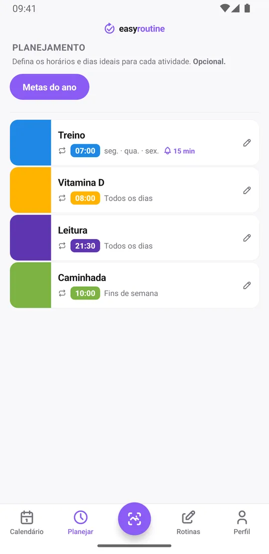 Aba Planejar do EasyRoutine para a rotina Metas do ano: treino segunda, quarta e sexta com o sino de lembrete 15 minutos antes, vitamina D e leitura todos os dias, caminhada no fim de semana