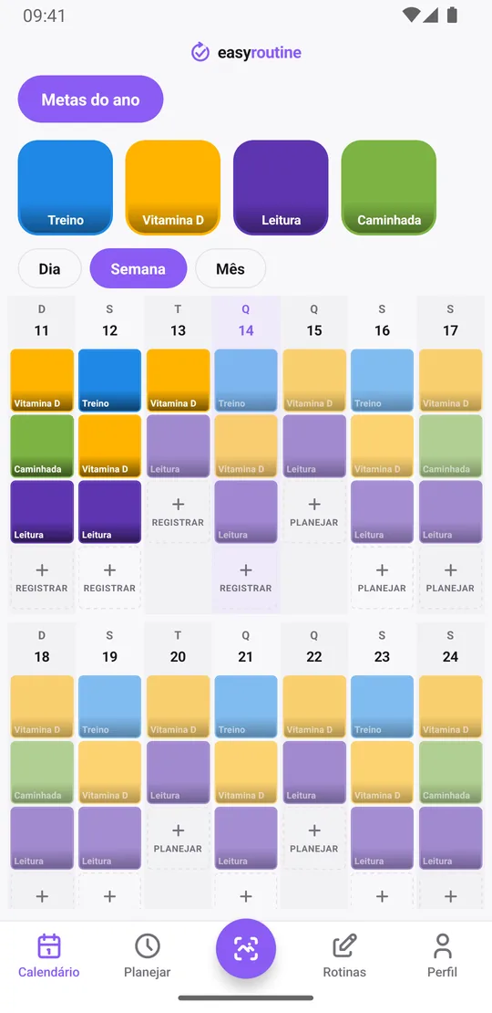 Visão semanal do EasyRoutine da rotina Metas do ano com blocos coloridos para treino, vitamina D, leitura e caminhadas, e entradas esmaecidas para o que está planejado