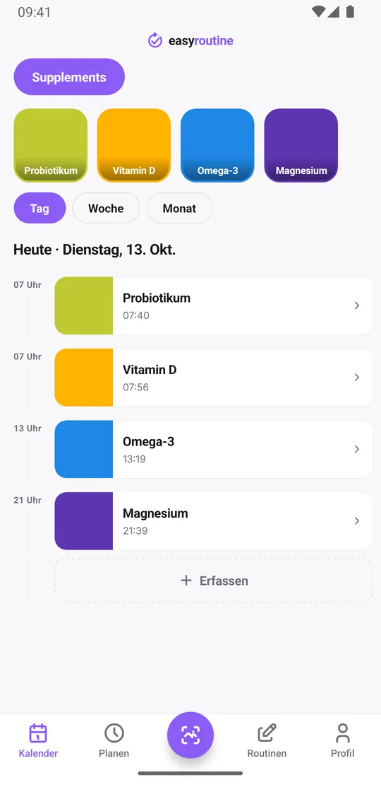EasyRoutine Tagesansicht der Routine Supplements mit den heute erfassten Supplements, etwa Probiotikum und Vitamin D, samt Uhrzeiten