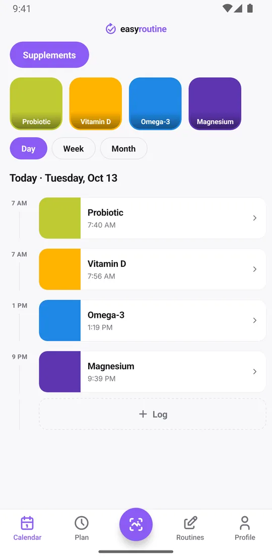 EasyRoutine day view of a Supplements routine listing today's logged supplements, such as probiotic and vitamin D, with their times