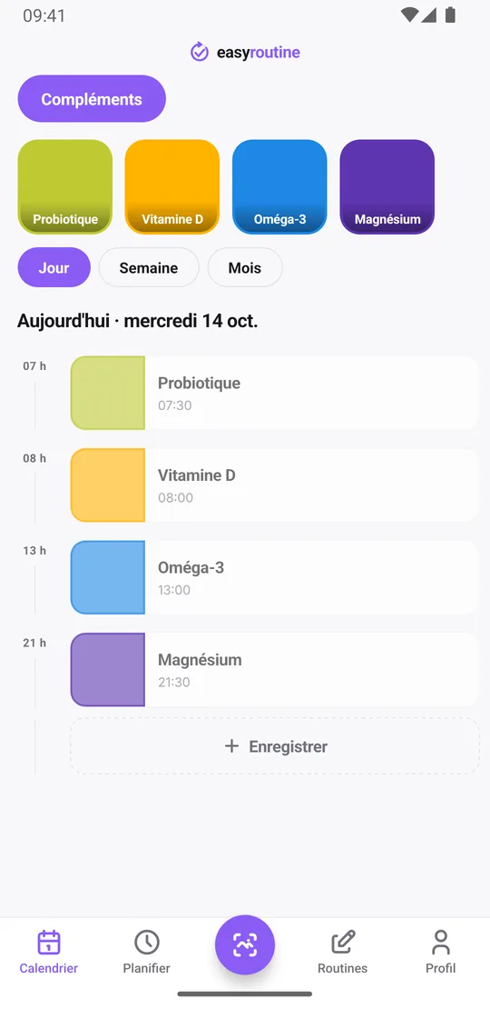 Vue jour d'EasyRoutine de la routine Compléments listant les compléments enregistrés aujourd'hui, comme le probiotique et la vitamine D, avec leurs heures