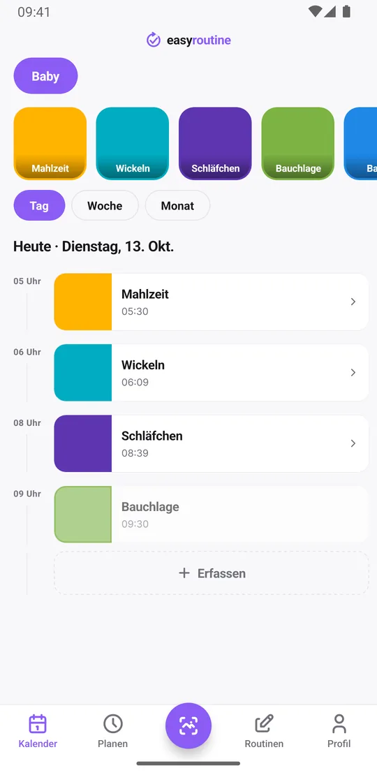 EasyRoutine Tagesansicht der Routine Baby mit den heutigen Einträgen für Mahlzeit, Wickeln, Schläfchen und Bauchlage samt Uhrzeit