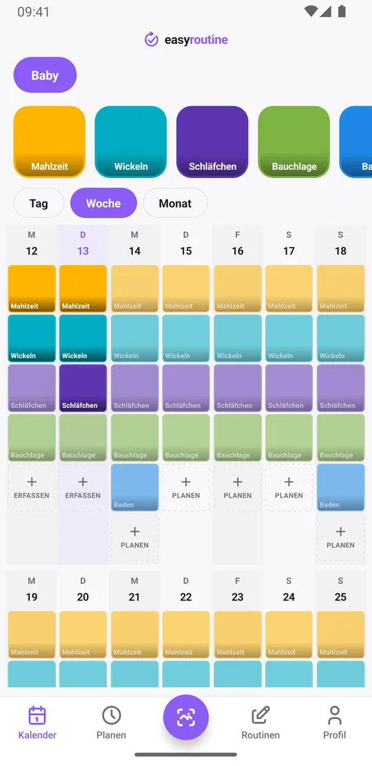 EasyRoutine Wochenansicht der Routine Baby mit farbigen Kacheln für jede erfasste Mahlzeit, jedes Schläfchen, Wickeln, Bauchlage und Baden über die Woche