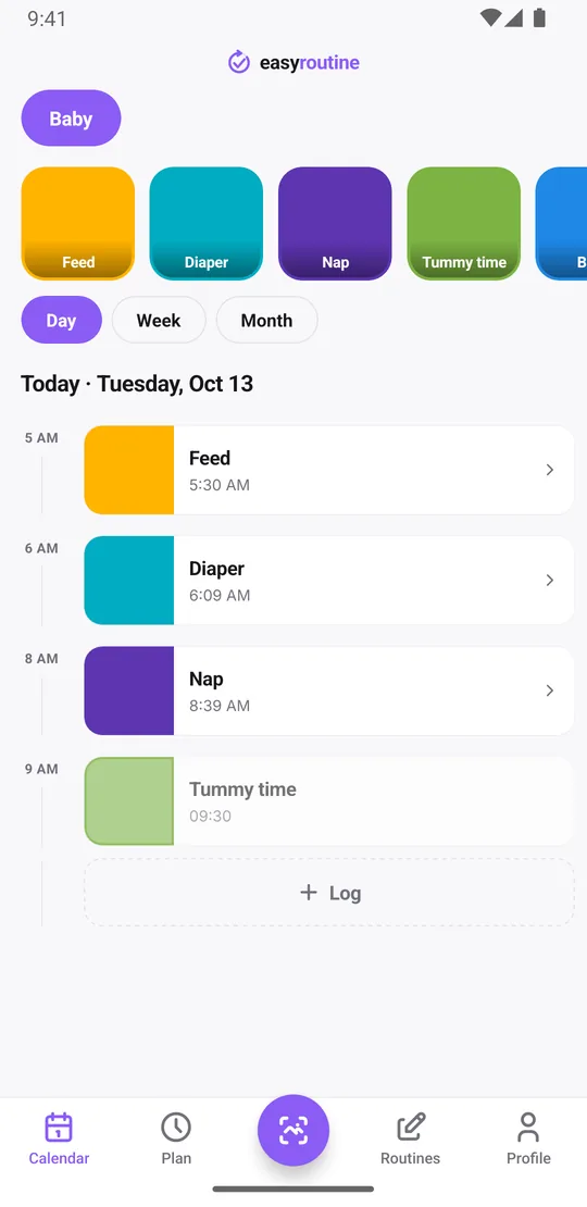 EasyRoutine day view of the Baby routine listing today's feed, diaper, nap and tummy time entries with their times