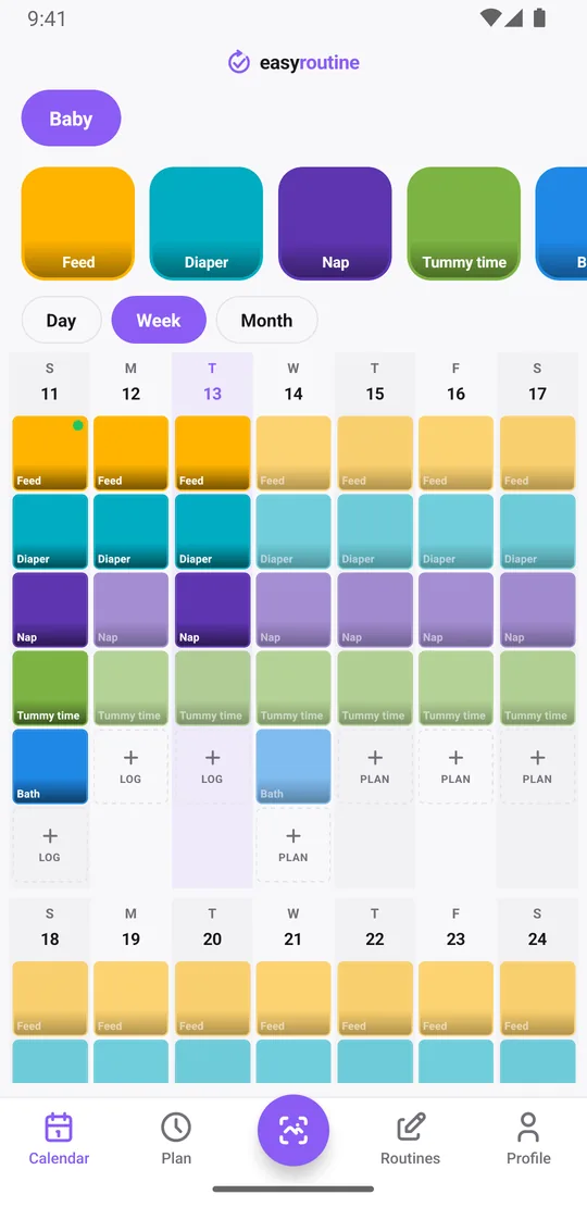 EasyRoutine week view of the Baby routine with colored tiles for each logged feed, nap, diaper change, tummy time and bath across the week