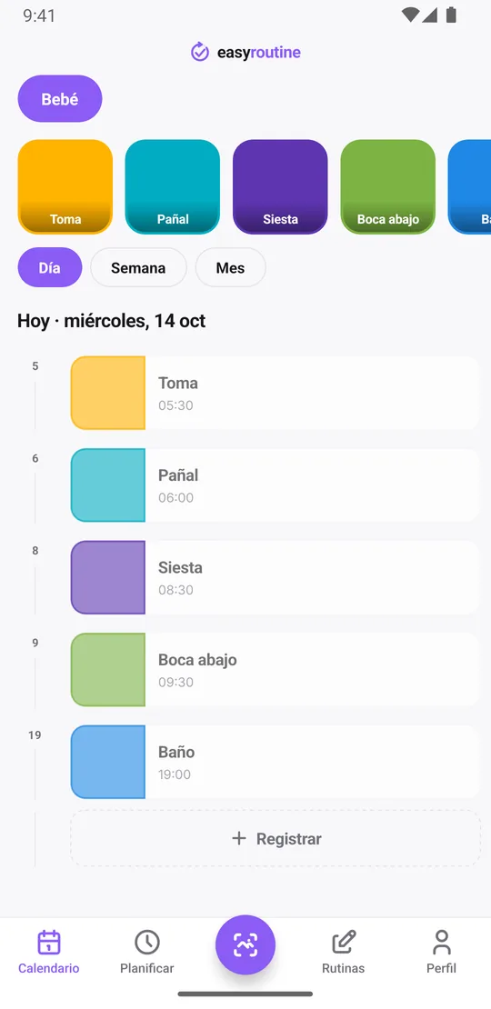 Vista diaria de EasyRoutine de la rutina Bebé con las entradas de hoy para toma, pañal, siesta y boca abajo, con sus horas
