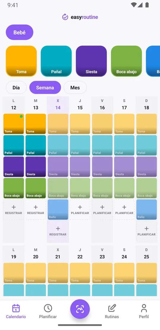 Vista semanal de EasyRoutine de la rutina Bebé con mosaicos de color para cada toma, siesta, cambio de pañal, rato boca abajo y baño registrados durante la semana