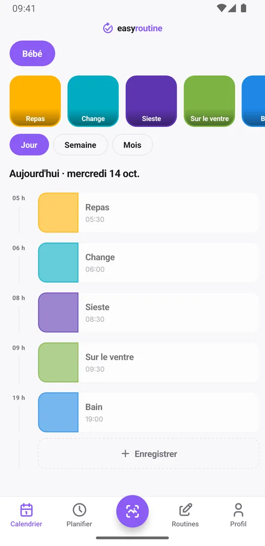 Vue jour d'EasyRoutine de la routine Bébé avec les entrées du jour pour repas, change, sieste et temps sur le ventre, avec leurs heures