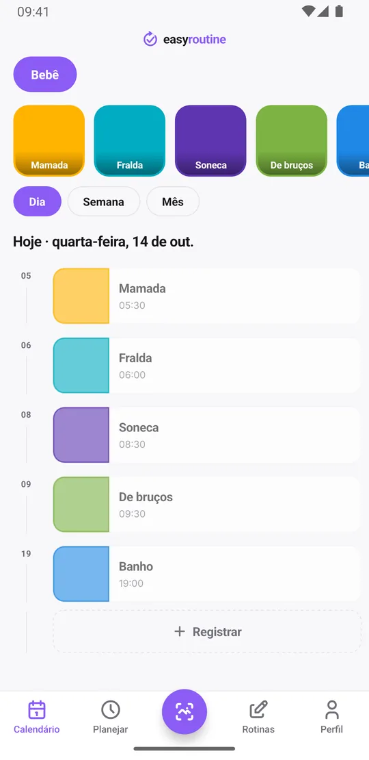 Visão diária do EasyRoutine da rotina Bebê com as entradas de hoje para mamada, fralda, soneca e de bruços, com seus horários