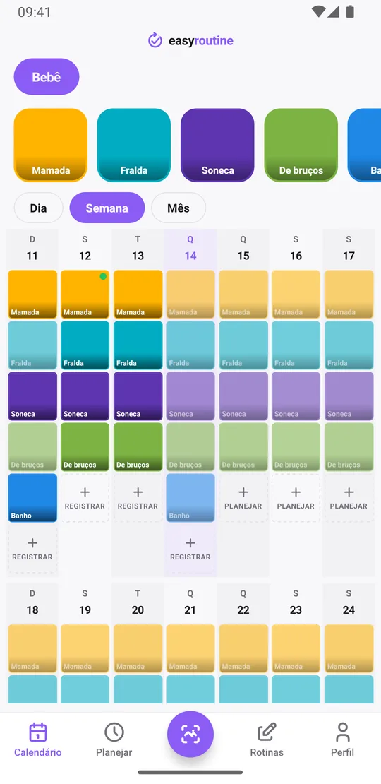 Visão semanal do EasyRoutine da rotina Bebê com blocos coloridos para cada mamada, soneca, troca de fralda, tempo de bruços e banho registrados na semana