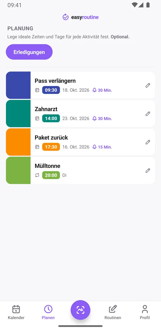 EasyRoutine-Tab Planen für eine Routine Erledigungen: Pass verlängern, Zahnarzt und Paket zurück an einzelnen Tagen mit Erinnerungsglocke und Mülltonne jeden Dienstag um 20:00