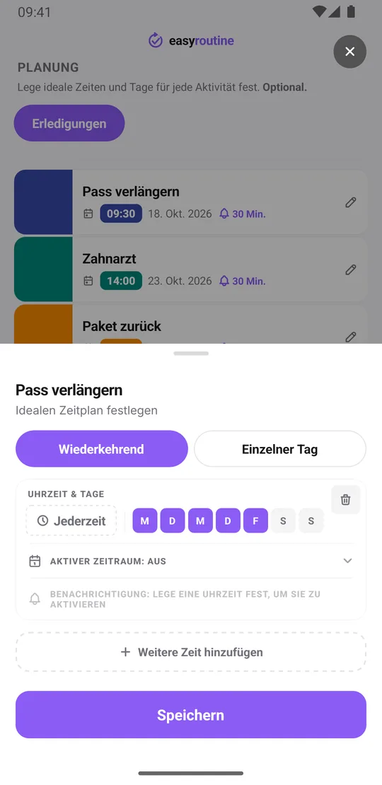 EasyRoutine-Zeitplan der Aktivität Pass verlängern mit einem einzelnen Tag um 9:30 und einer Erinnerung 30 Minuten vorher