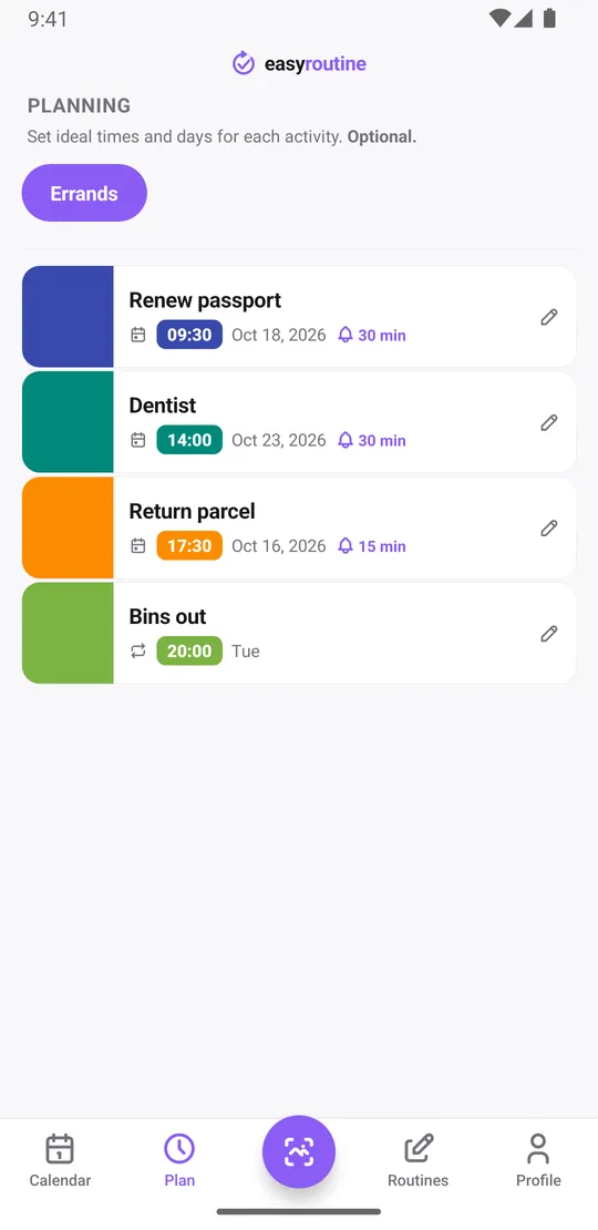 EasyRoutine Plan tab for an Errands routine: Renew passport, Dentist and Return parcel on single dates with reminder bells, and Bins out every Tuesday at 20:00