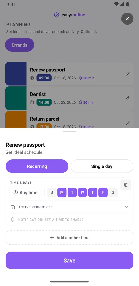 EasyRoutine schedule sheet for the Renew passport activity with one single-day plan at 9:30 and a reminder 30 minutes before