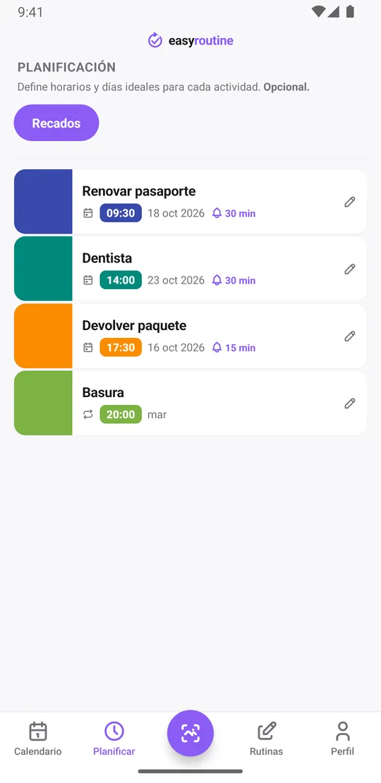 Pestaña Planificar de EasyRoutine para una rutina Recados: Renovar pasaporte, Dentista y Devolver paquete en fechas sueltas con campana de recordatorio, y Basura todos los martes a las 20:00