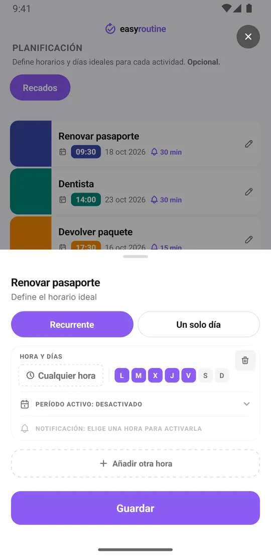 Hoja de horario de EasyRoutine para la actividad Renovar pasaporte con un plan de un solo día a las 9:30 y un recordatorio 30 minutos antes
