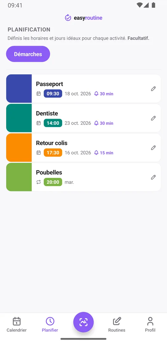 Onglet Planifier d'EasyRoutine pour une routine Démarches : Passeport, Dentiste et Retour colis à des dates uniques avec une cloche de rappel, et Poubelles chaque mardi à 20h