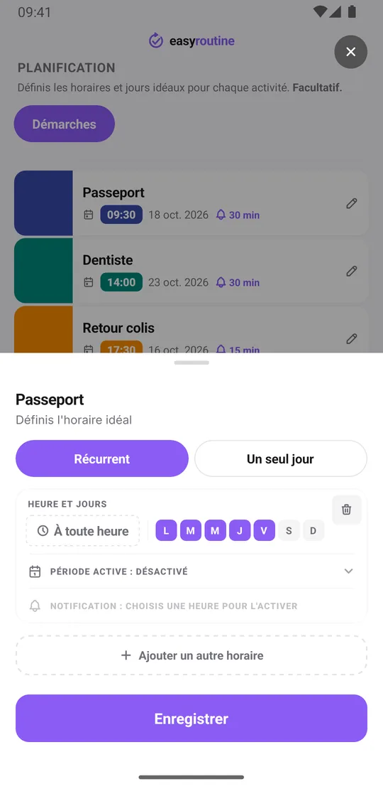 Fiche d'horaires EasyRoutine de l'activité Passeport avec un plan sur un seul jour à 9h30 et un rappel 30 minutes avant