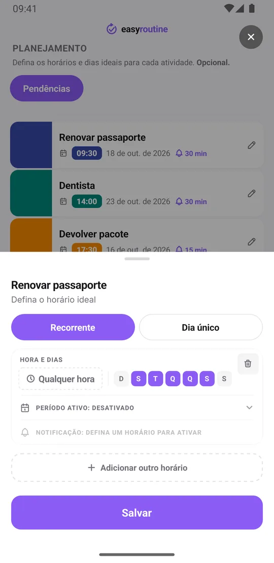 Tela de horários do EasyRoutine da atividade Renovar passaporte com um plano de dia único às 9:30 e lembrete 30 minutos antes
