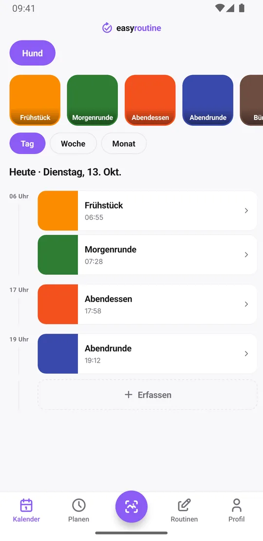 EasyRoutine-Tagesansicht der Routine Hund mit Frühstück und Morgenrunde als erfasste, kräftig gefärbte Kacheln und Abendessen und Abendrunde noch blass