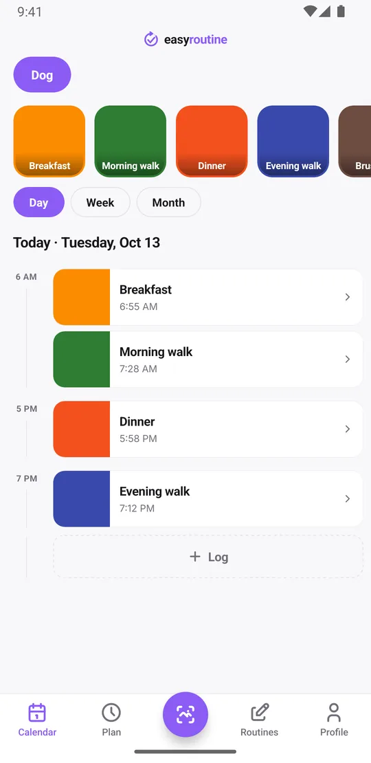 EasyRoutine day view of the Dog routine with breakfast and morning walk logged as solid tiles and dinner and evening walk still faded