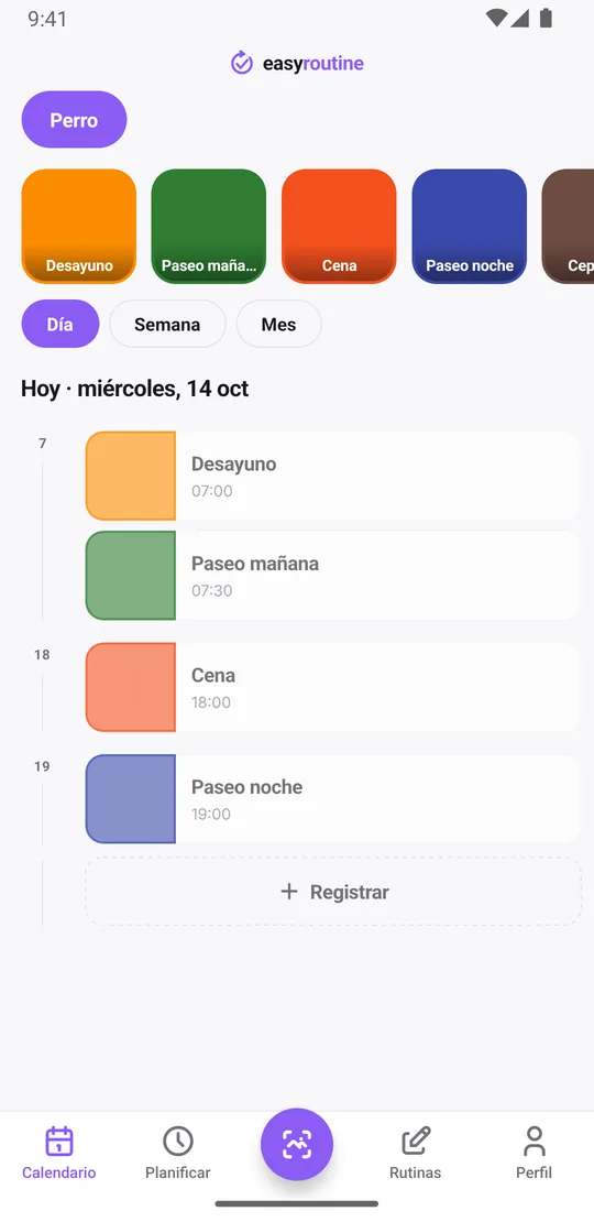 Vista diaria de EasyRoutine de la rutina Perro con el desayuno y el paseo de la mañana registrados en color sólido, y la cena y el paseo de la noche todavía atenuados