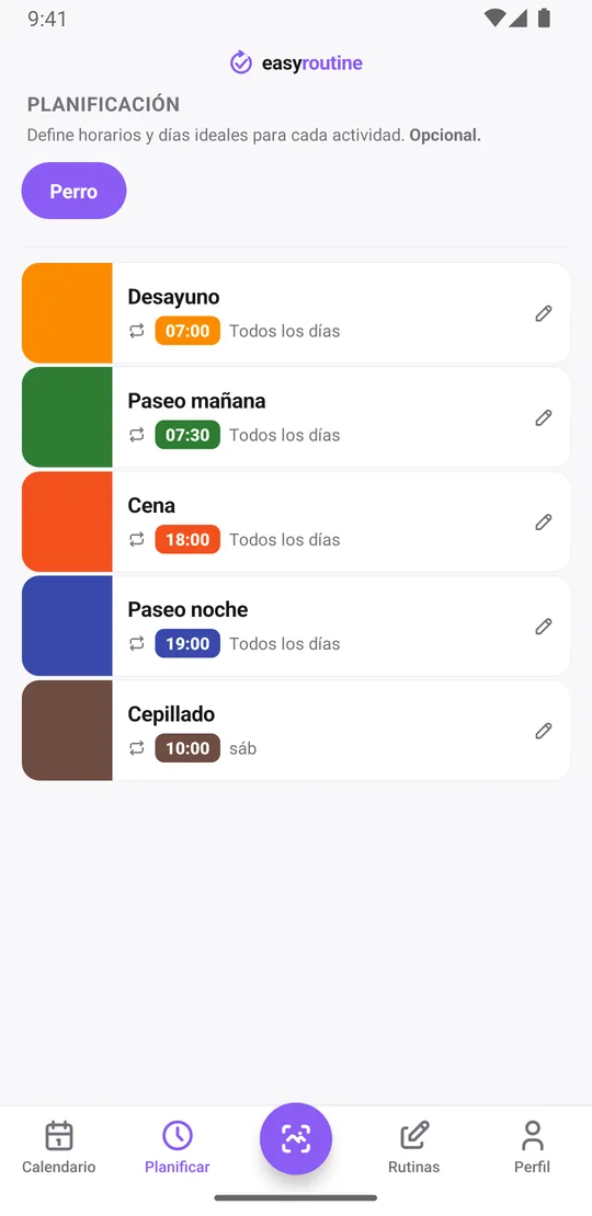 Pestaña Planificar de EasyRoutine para la rutina Perro: desayuno a las 7:00, paseo de la mañana a las 7:30, cena a las 18:00 y paseo de la noche a las 19:00 todos los días, cepillado el sábado