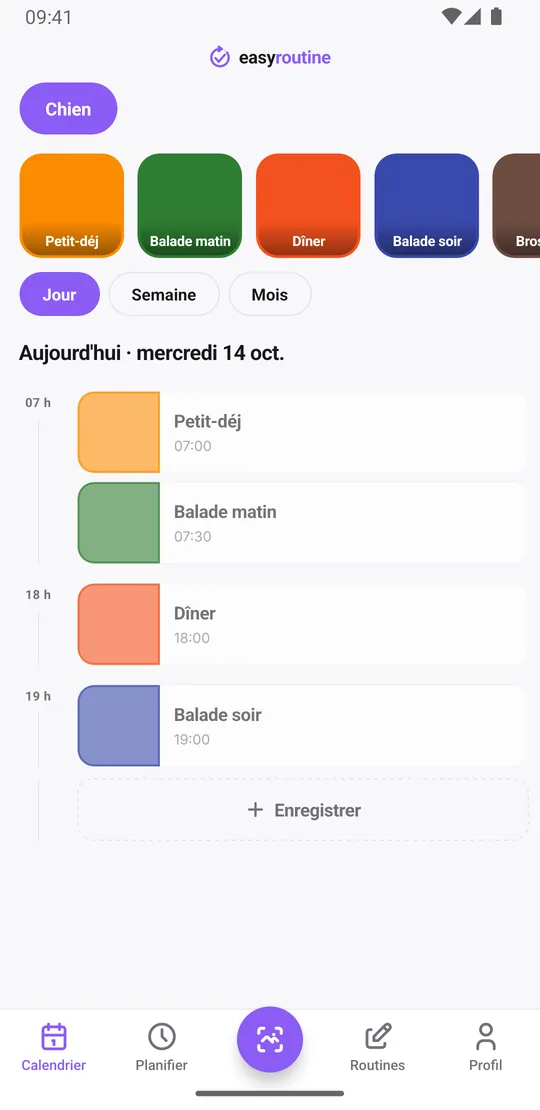 Vue jour d'EasyRoutine de la routine Chien avec le petit-déjeuner et la balade du matin enregistrés en couleur pleine, le dîner et la balade du soir encore en transparence