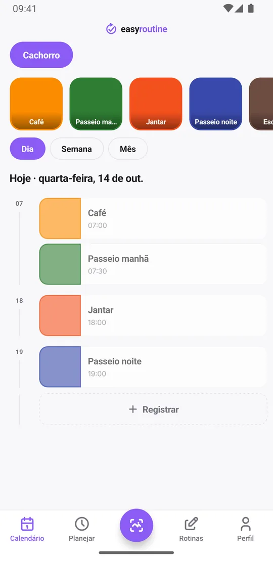 Visão diária do EasyRoutine da rotina Cachorro com café e passeio da manhã registrados em cor sólida, e jantar e passeio da noite ainda esmaecidos
