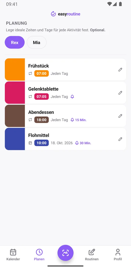 Tab Planen in EasyRoutine für Rex: Frühstück jeden Tag um 7:00, Gelenktablette jeden Tag um 7:05 mit Glocke für eine pünktliche Erinnerung, Abendessen jeden Tag um 18:00 mit Glocke 15 Min. vorher und Flohmittel an seinem nächsten einzelnen Termin um 10:00 mit Glocke 30 Min. vorher