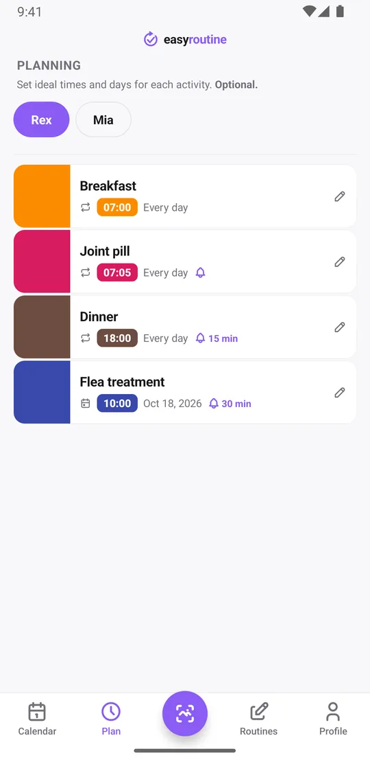 EasyRoutine Plan tab for Rex showing breakfast at 7:00 every day, joint pill at 7:05 every day with an on-time reminder bell, dinner at 18:00 every day with a bell 15 min before, and flea treatment on its next single date at 10:00 with a bell 30 min before