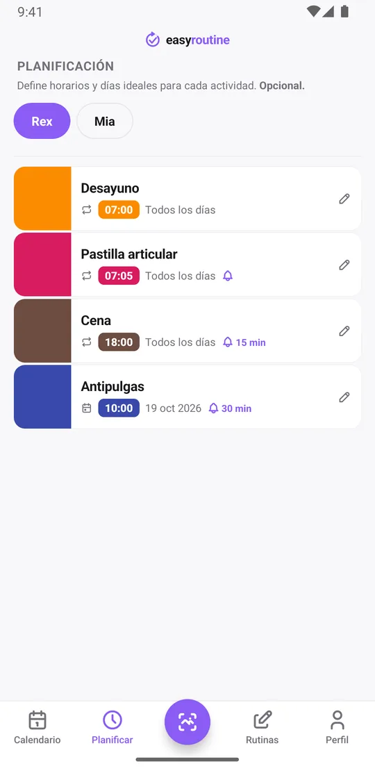 Pestaña Planificar de EasyRoutine para Rex con desayuno todos los días a las 7:00, pastilla articular todos los días a las 7:05 con campana de aviso a la hora, cena todos los días a las 18:00 con campana 15 min antes y el antipulgas en su próxima fecha a las 10:00 con campana 30 min antes