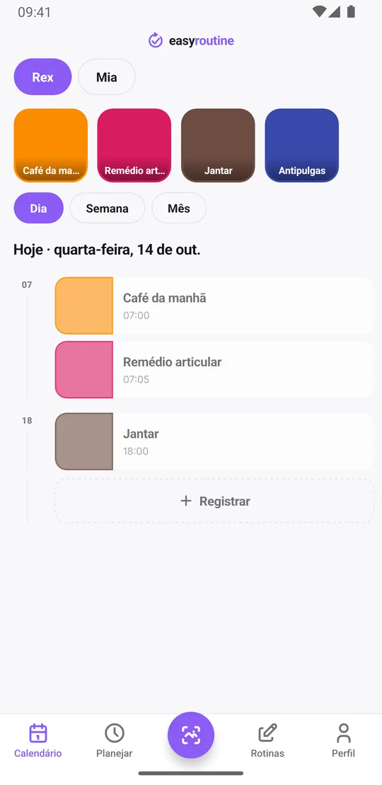 Visão Dia da rotina Rex no EasyRoutine com café da manhã e remédio articular registrados como blocos sólidos e o jantar ainda como entrada planejada esmaecida