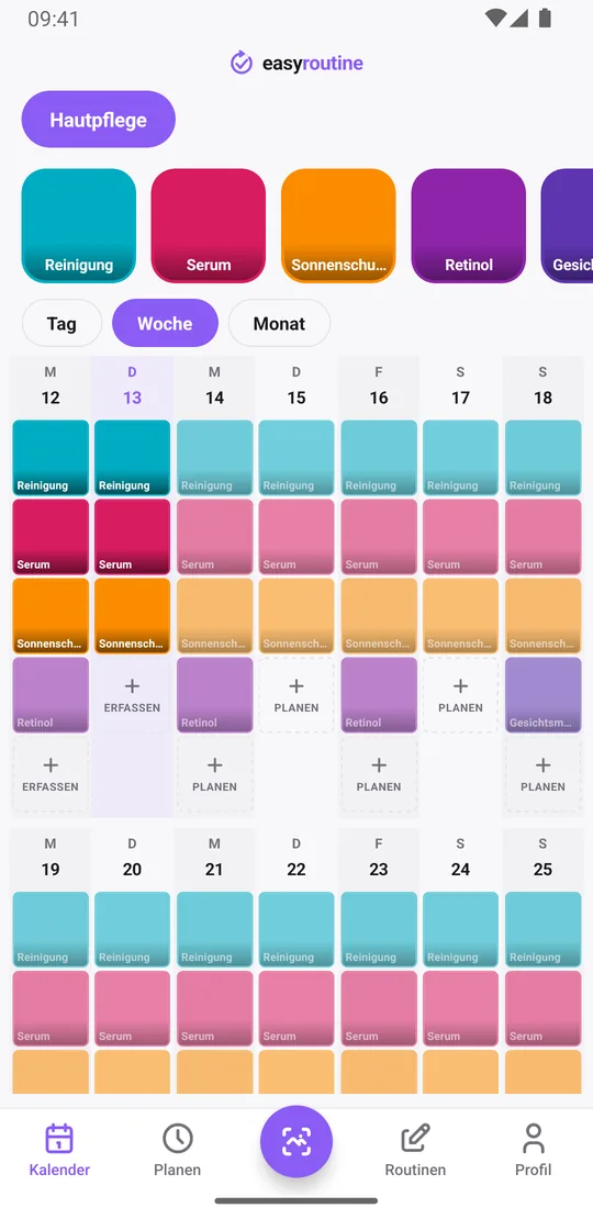 EasyRoutine-Wochenansicht einer Routine Hautpflege mit farbigen Kacheln für Reinigung, Serum, Sonnenschutz, Retinol und Gesichtsmaske an den erfassten Tagen