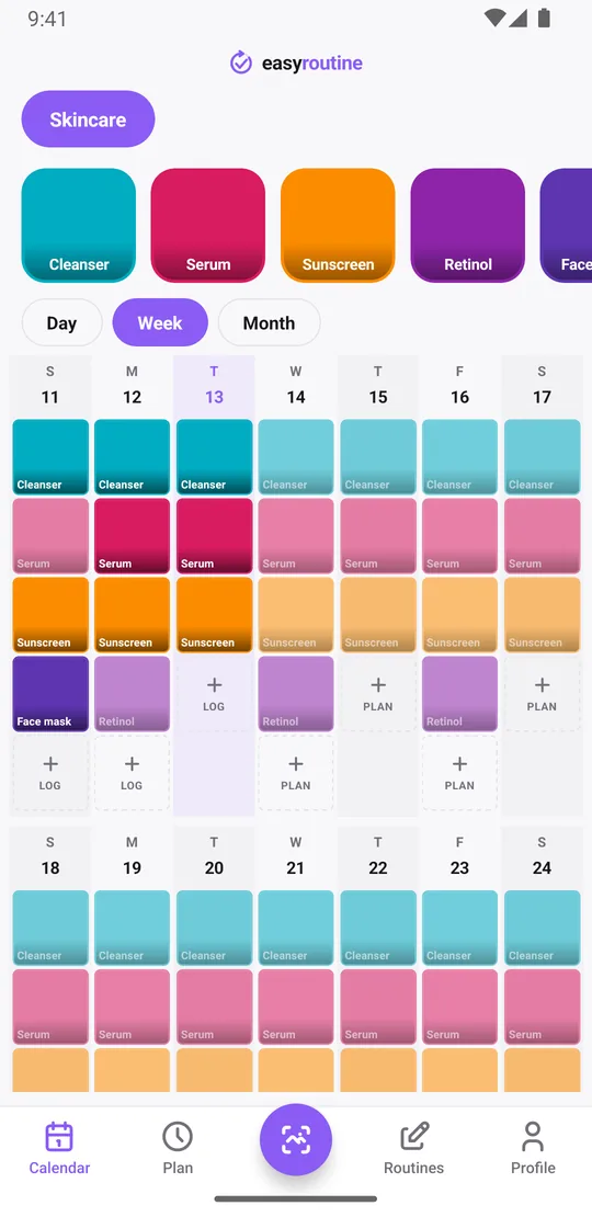 EasyRoutine week view of a Skincare routine with colored tiles for cleanser, serum, sunscreen, retinol and face mask on the days they were logged