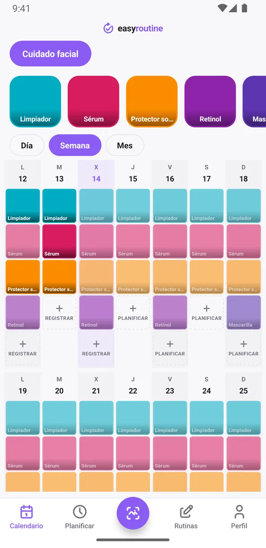 Vista Semana de EasyRoutine de una rutina Cuidado facial con recuadros de colores para limpiador, sérum, protector solar, retinol y mascarilla en los días registrados