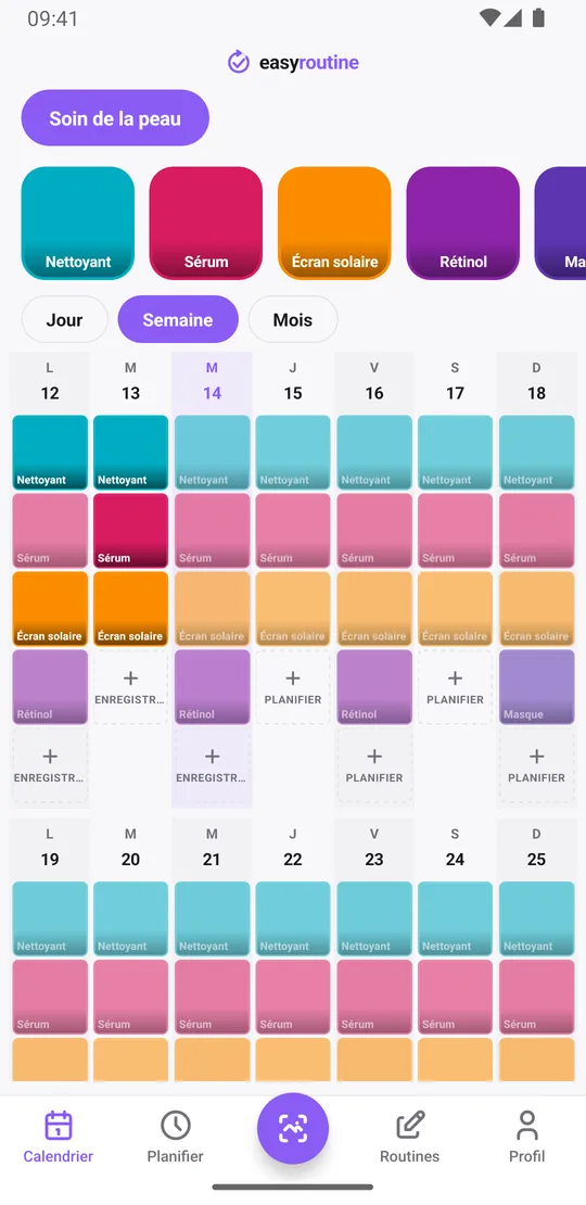 Vue Semaine d'EasyRoutine d'une routine Soin de la peau avec des tuiles colorées pour le nettoyant, le sérum, l'écran solaire, le rétinol et le masque les jours enregistrés