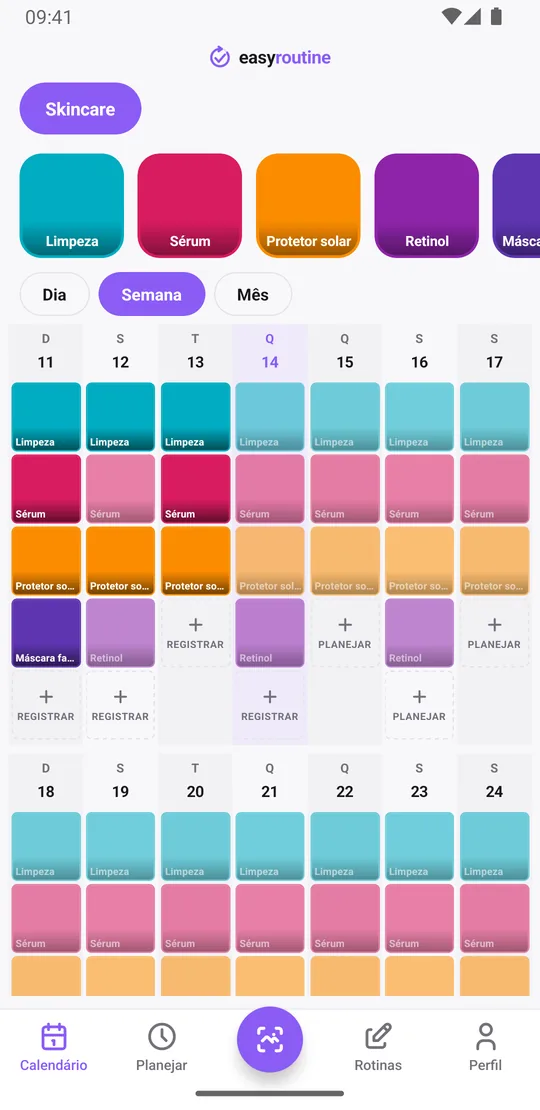 Visualização Semana do EasyRoutine de uma rotina Skincare com blocos coloridos para limpeza, sérum, protetor solar, retinol e máscara facial nos dias registrados