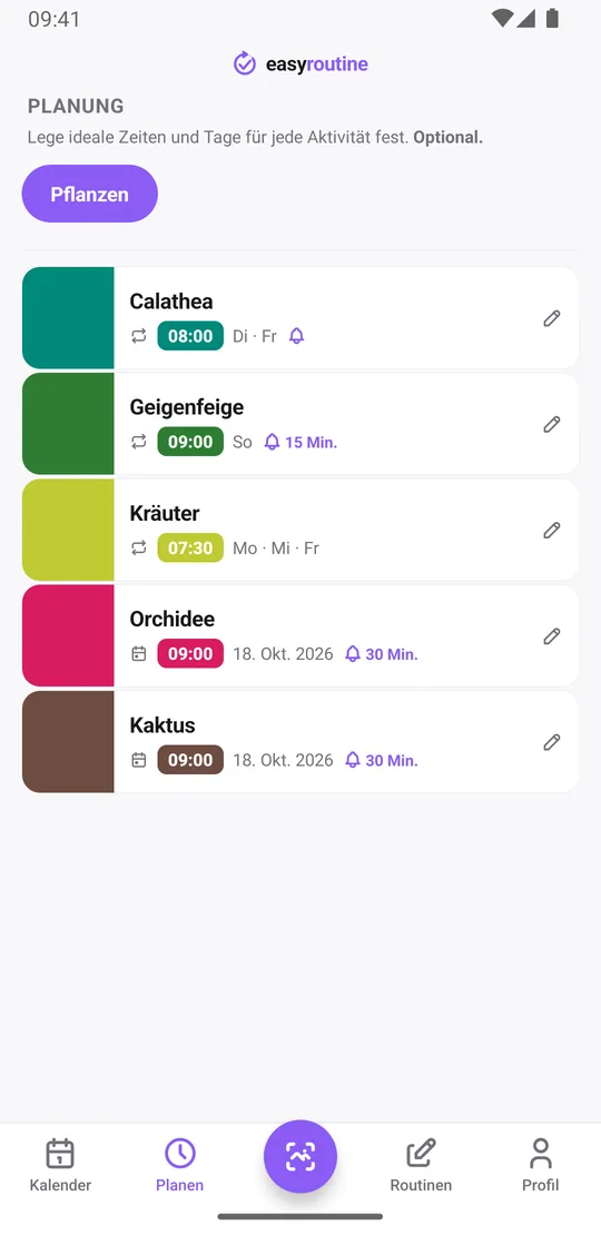 Tab Planen in EasyRoutine mit den Gießplänen der Pflanzen: Calathea am Dienstag und Freitag um 8:00 mit Glocke für eine pünktliche Erinnerung, Geigenfeige am Sonntag um 9:00 mit Glocke 15 Min. vorher, Kräuter am Montag, Mittwoch und Freitag um 7:30 ohne Erinnerung, Orchidee und Kaktus an ihrem nächsten einzelnen Gießtermin um 9:00 mit Glocke 30 Min. vorher