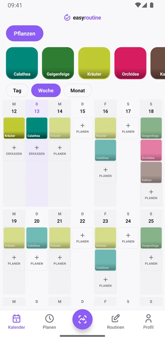 Wochenansicht der Routine Pflanzen in EasyRoutine mit vollen farbigen Kacheln für erfasstes Gießen und blassen Einträgen für geplantes Gießen, das noch nicht erfasst ist