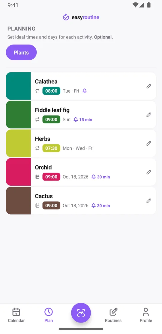 EasyRoutine Plan tab listing plants with their watering schedules: calathea on Tuesday and Friday at 8:00 with an on-time reminder bell, fiddle leaf fig on Sunday at 9:00 with a bell 15 min before, herbs on Monday, Wednesday and Friday at 7:30 without a reminder, and the orchid and cactus on their next single watering date at 9:00 with a bell 30 min before