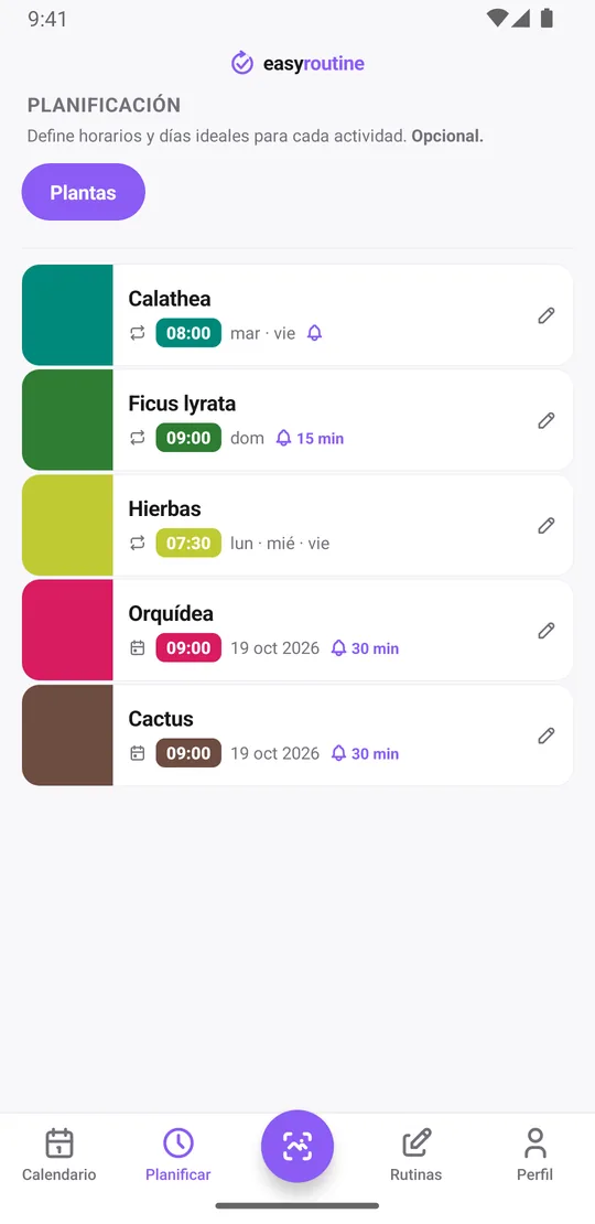 Pestaña Planificar de EasyRoutine con el horario de riego de cada planta: calathea martes y viernes a las 8:00 con campana de aviso a la hora, ficus lyrata el domingo a las 9:00 con campana 15 min antes, hierbas lunes, miércoles y viernes a las 7:30 sin recordatorio, y la orquídea y el cactus en su próxima fecha de riego a las 9:00 con campana 30 min antes