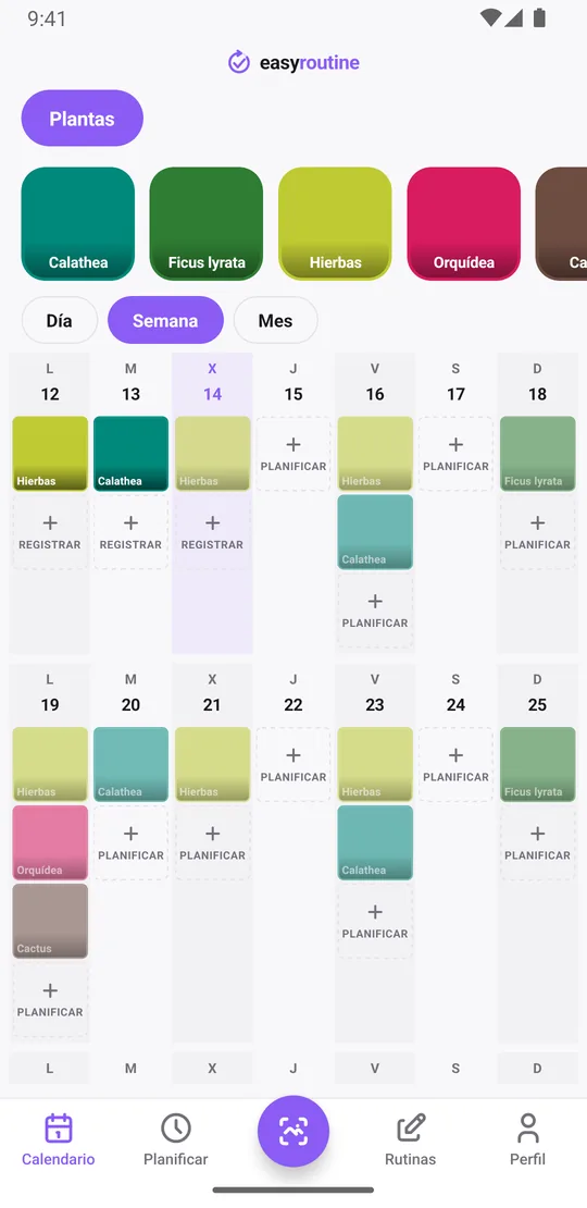 Vista Semana de la rutina Plantas en EasyRoutine con tarjetas de color sólidas para los riegos registrados y entradas atenuadas para los riegos planificados que aún no se han registrado