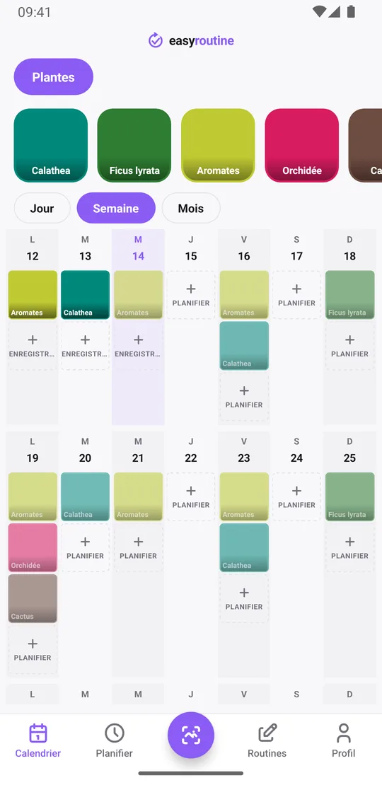 Vue Semaine de la routine Plantes dans EasyRoutine avec des tuiles colorées pleines pour les arrosages enregistrés et des entrées pâles pour les arrosages prévus pas encore enregistrés