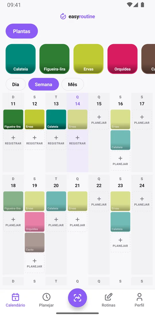 Visão Semana da rotina Plantas no EasyRoutine com blocos coloridos sólidos para as regas registradas e entradas esmaecidas para as regas planejadas ainda não registradas